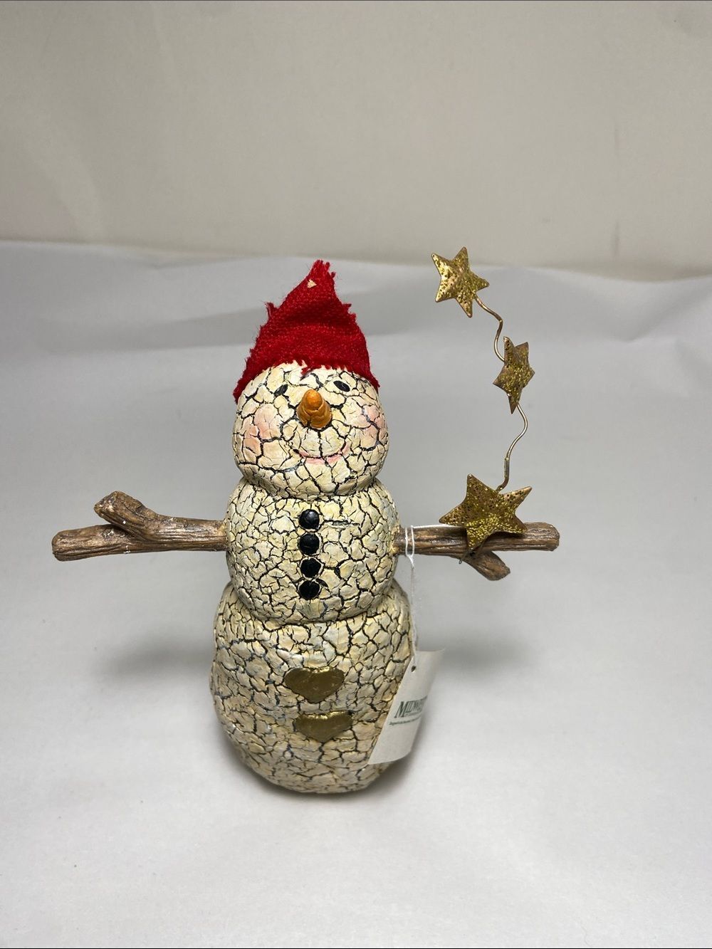 Crackle Snowman Figurine with Red Hat and Gold Star Accents 7 inch